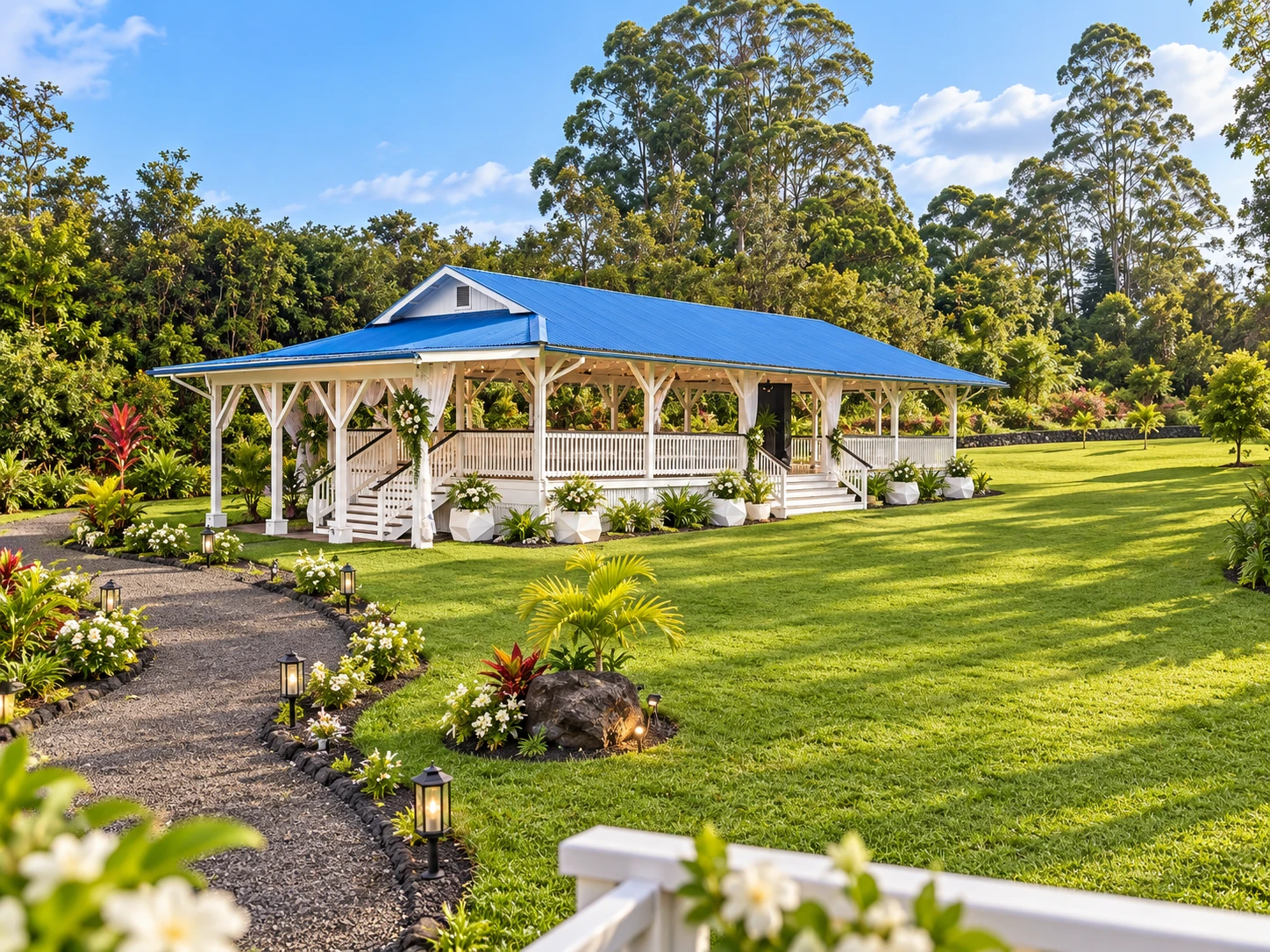Koa’s pavilion surrounded by lush tropical landscaping
