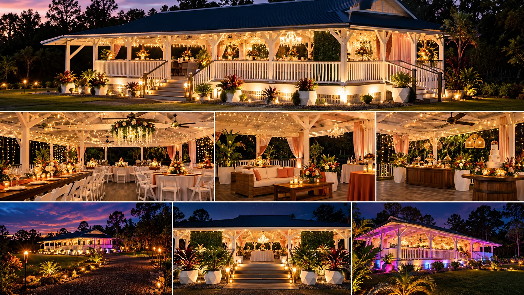 Collection of exterior views showing the Koa’s pavilion and tropical grounds