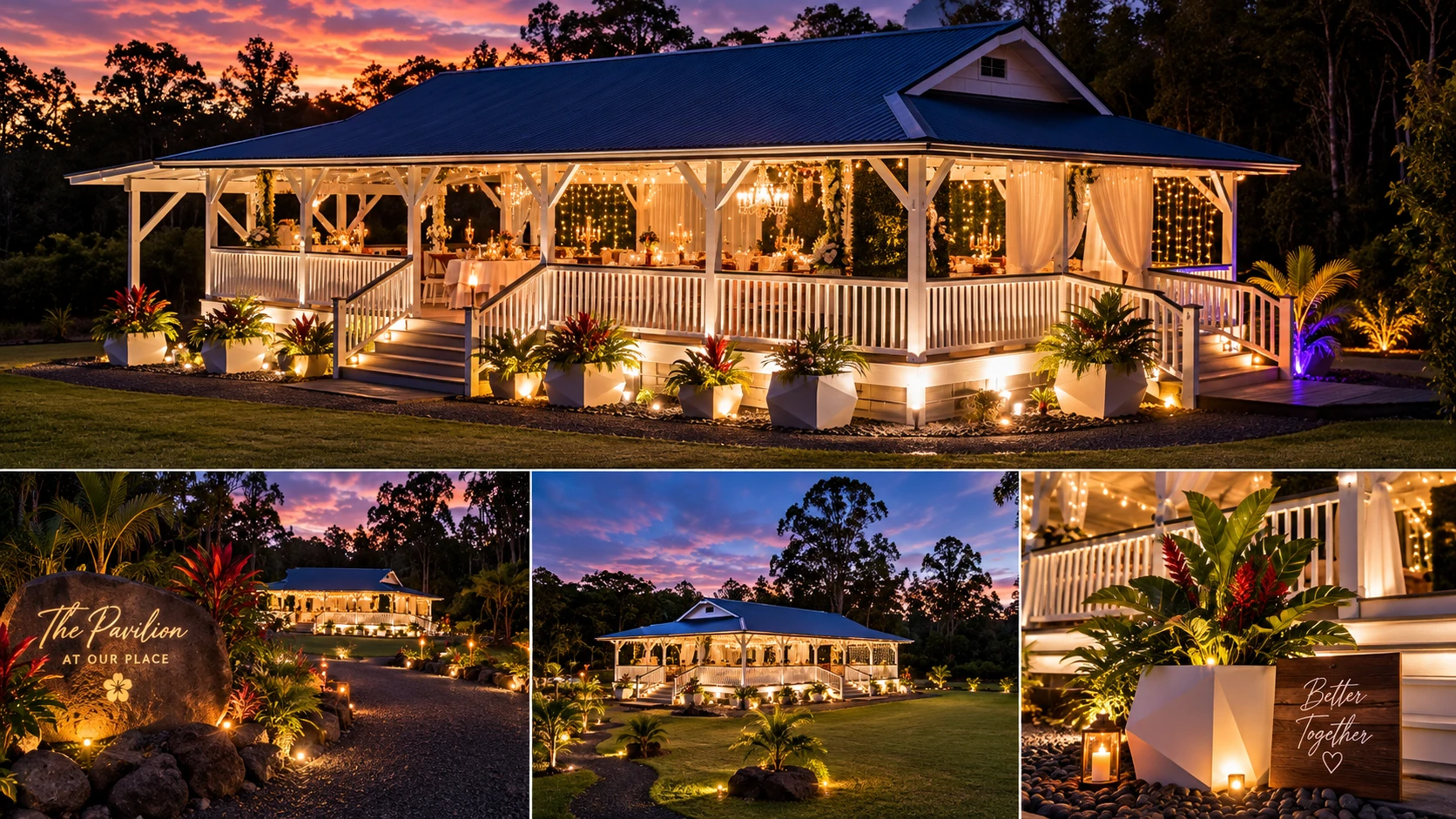 Nighttime exterior collage of the Koa’s pavilion and illuminated grounds