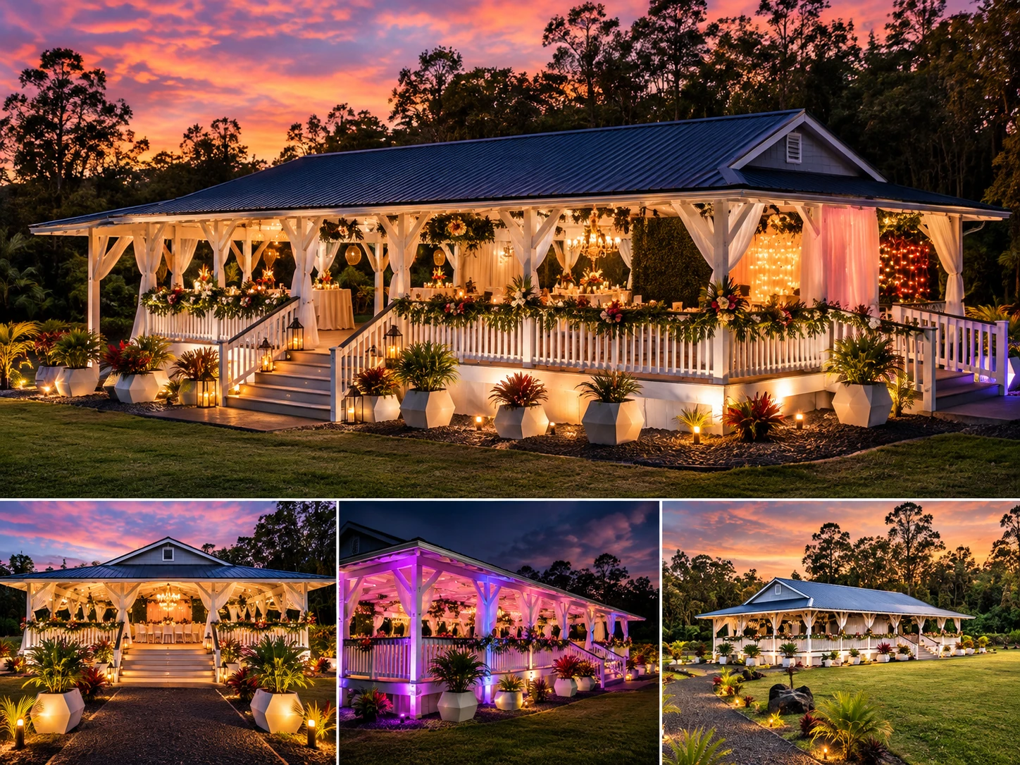 Twilight exterior collage showing the pavilion across the tropical property