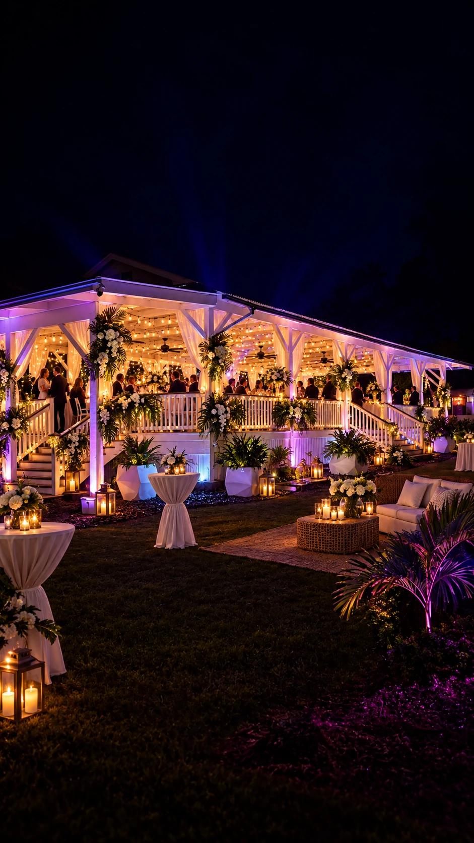 Fairy-lit side of the pavilion during an evening reception