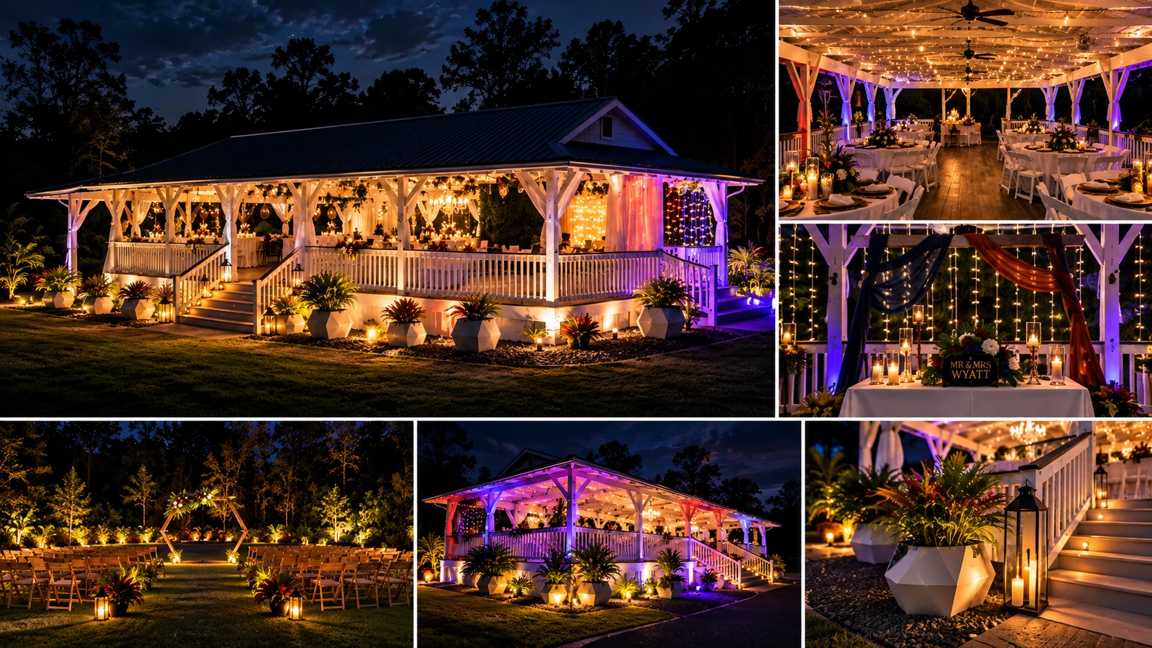 Evening event collage showing the Koa’s pavilion after dark