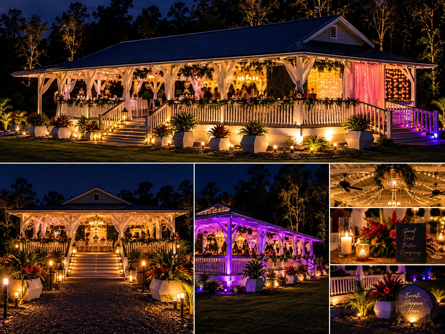 Night lighting collage showing multiple pavilion lighting looks