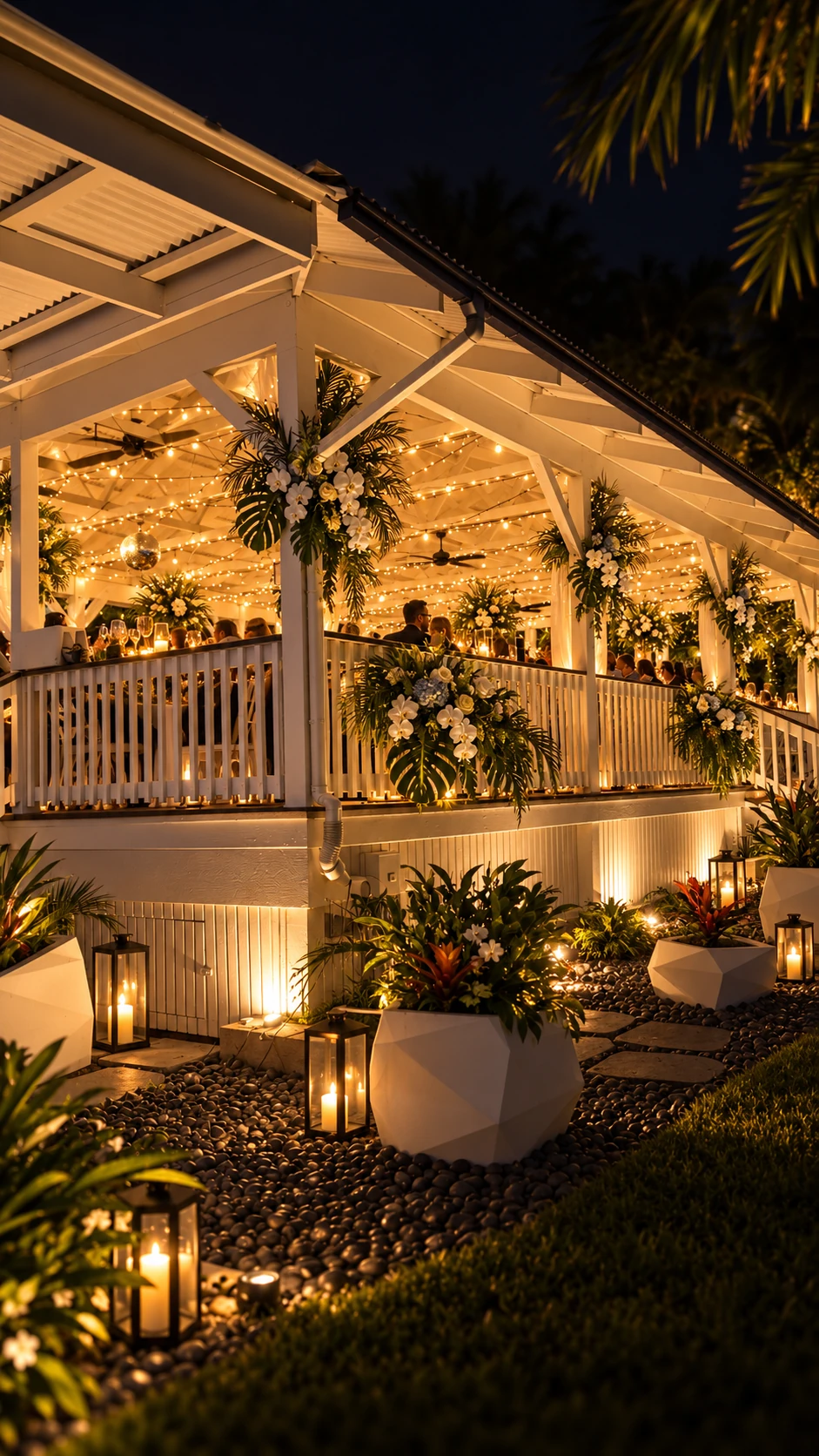 Side view of the pavilion during an elegant nighttime reception