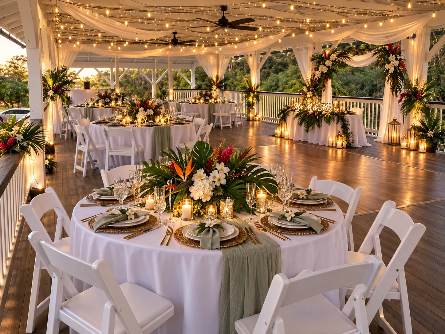 Wide reception setup inside the open-air Koa’s pavilion