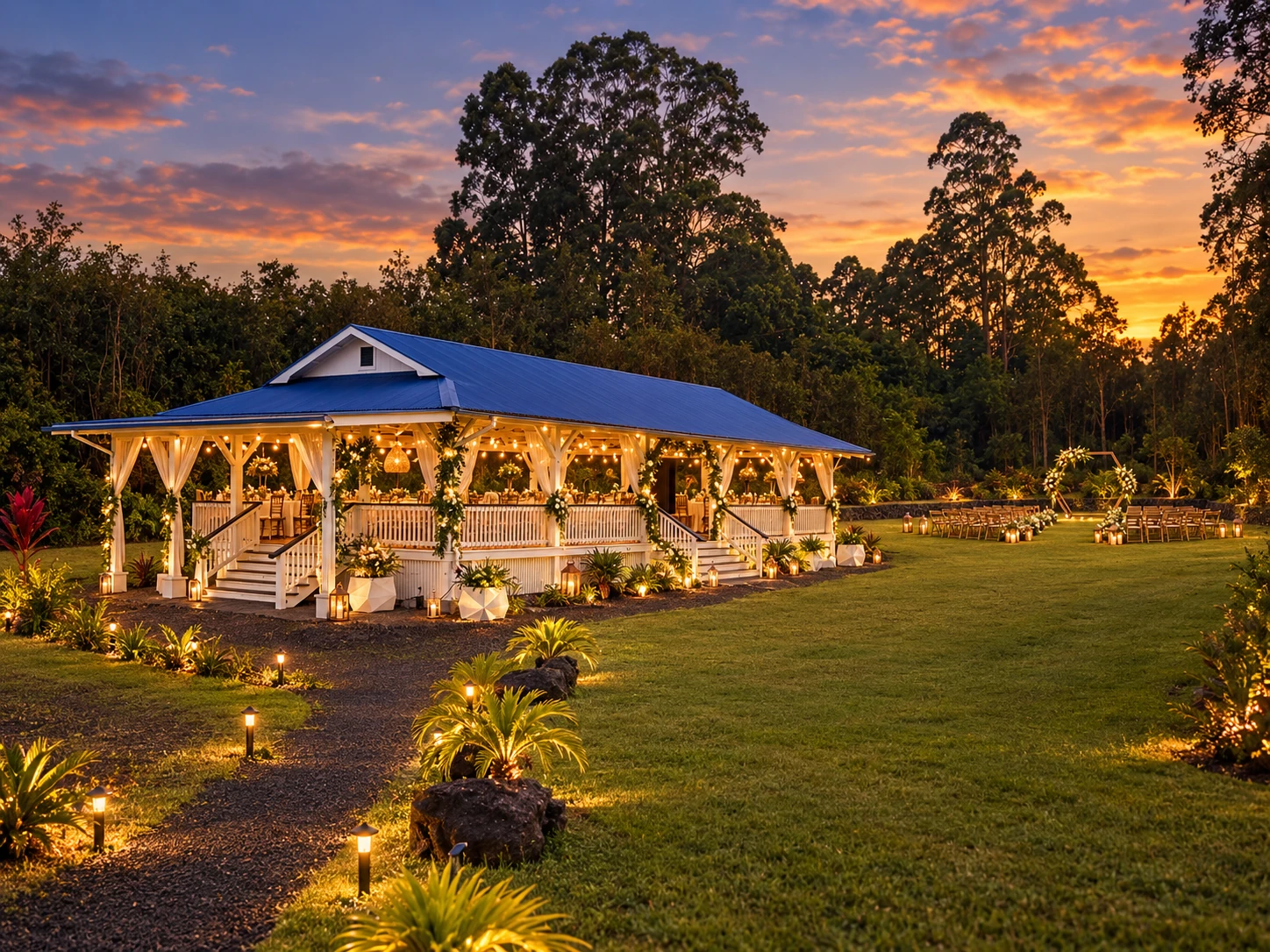 Koa’s pavilion glowing at sunset across the lawn