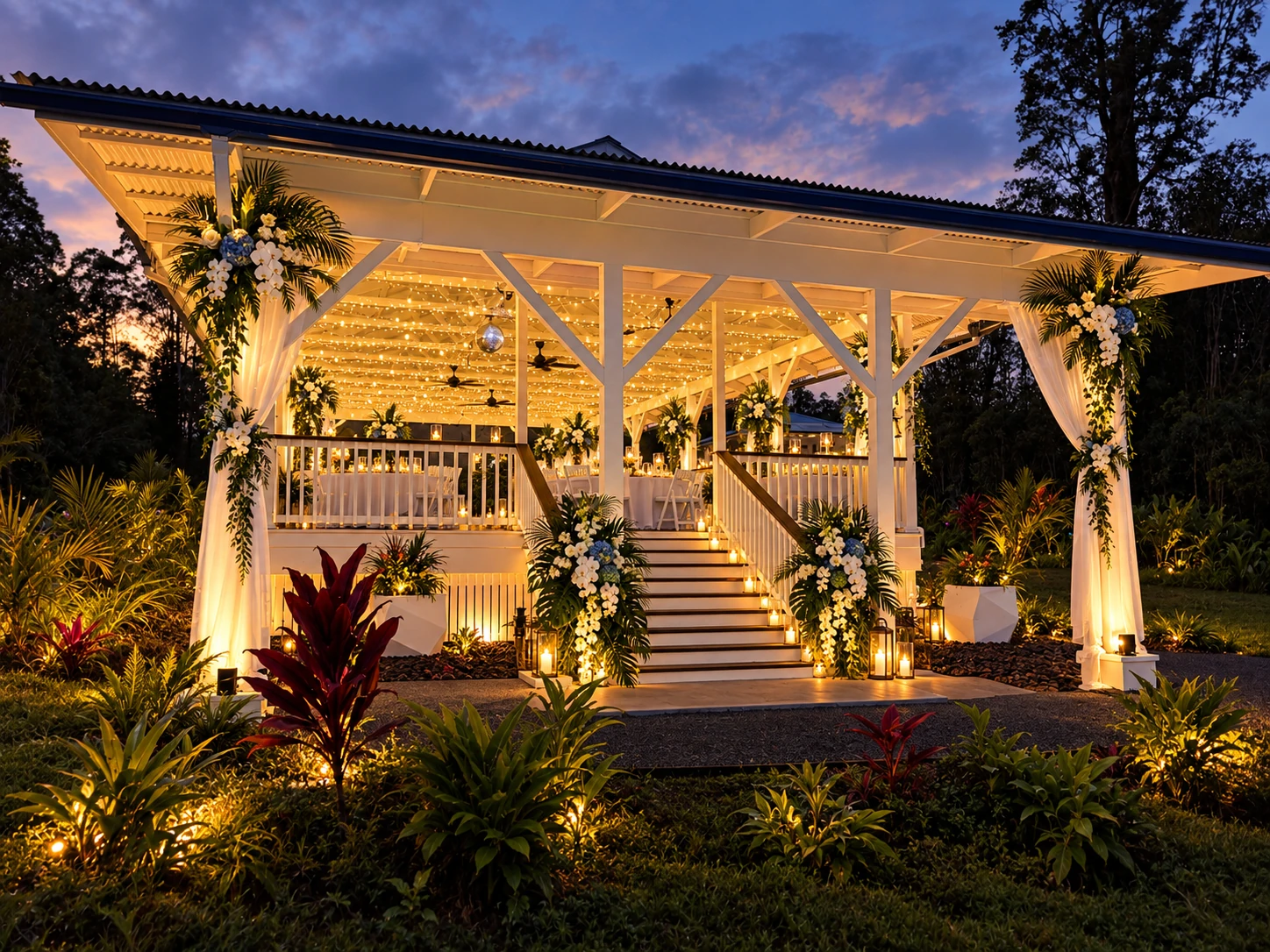 Twilight front view of the Koa’s pavilion and landscaped entrance