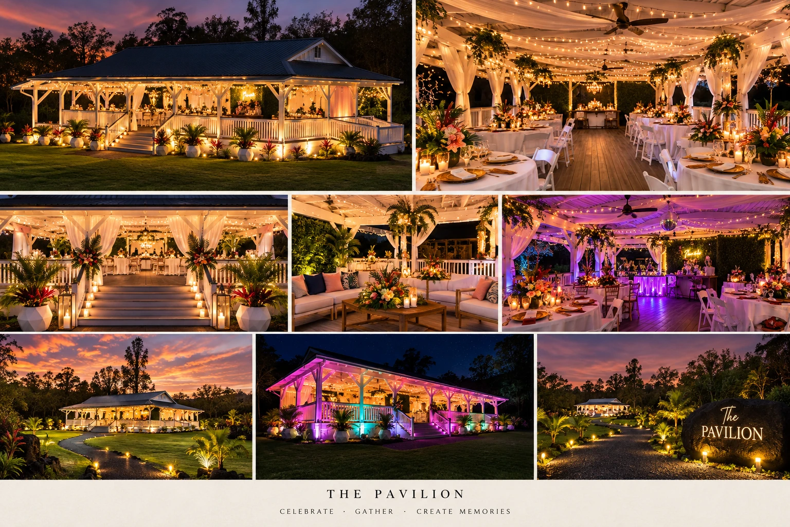 Koa’s venue showcase collage featuring the pavilion and tropical grounds