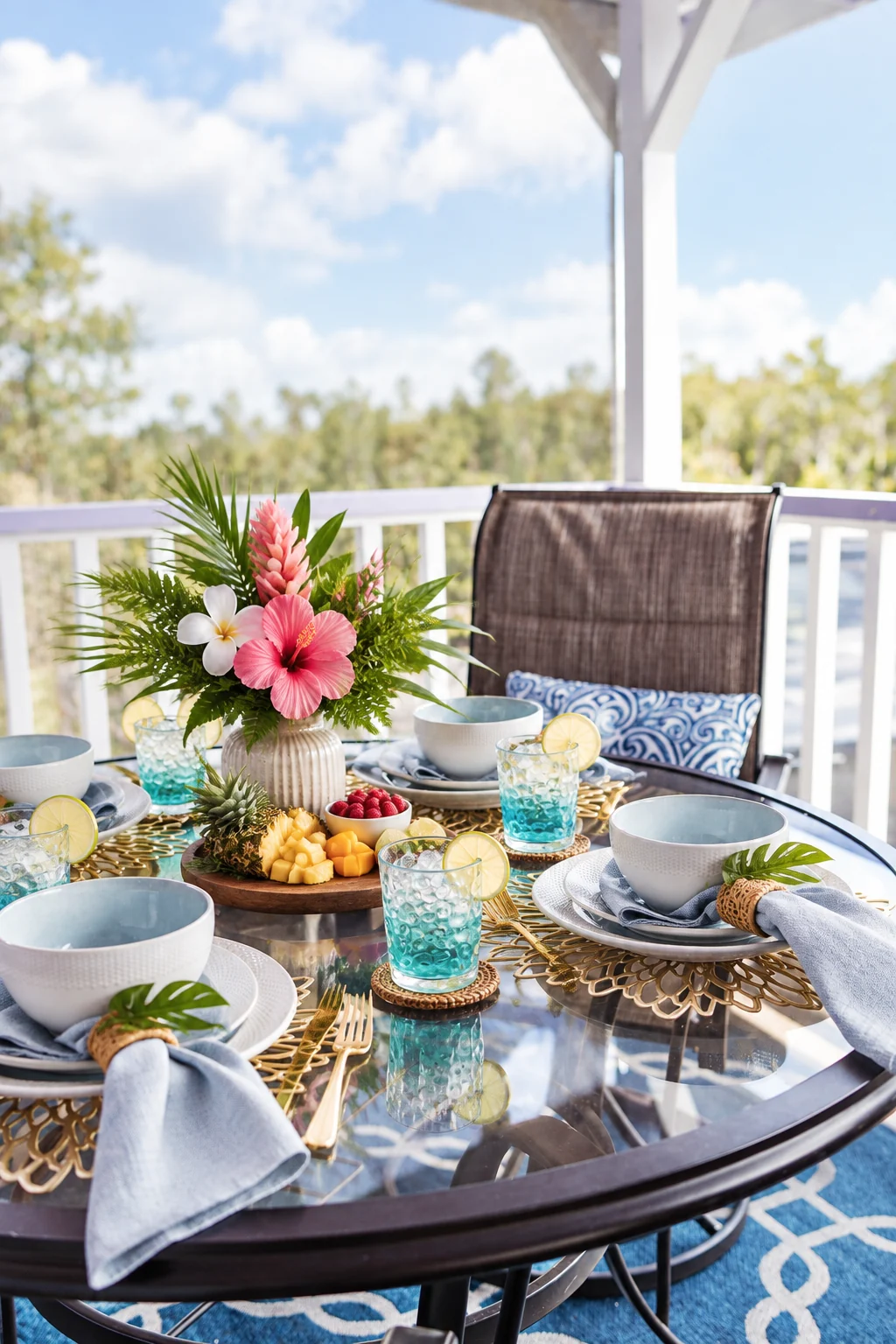 Tropical brunch tablescape with blue glassware and island florals