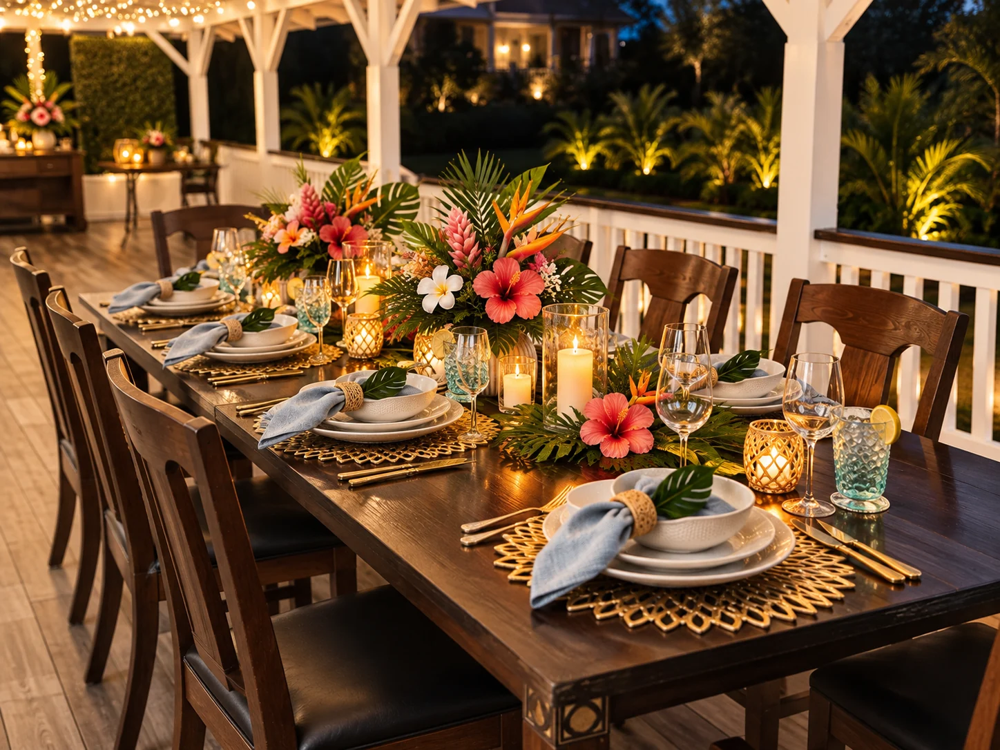 Tropical dinner table with candles and colorful island florals